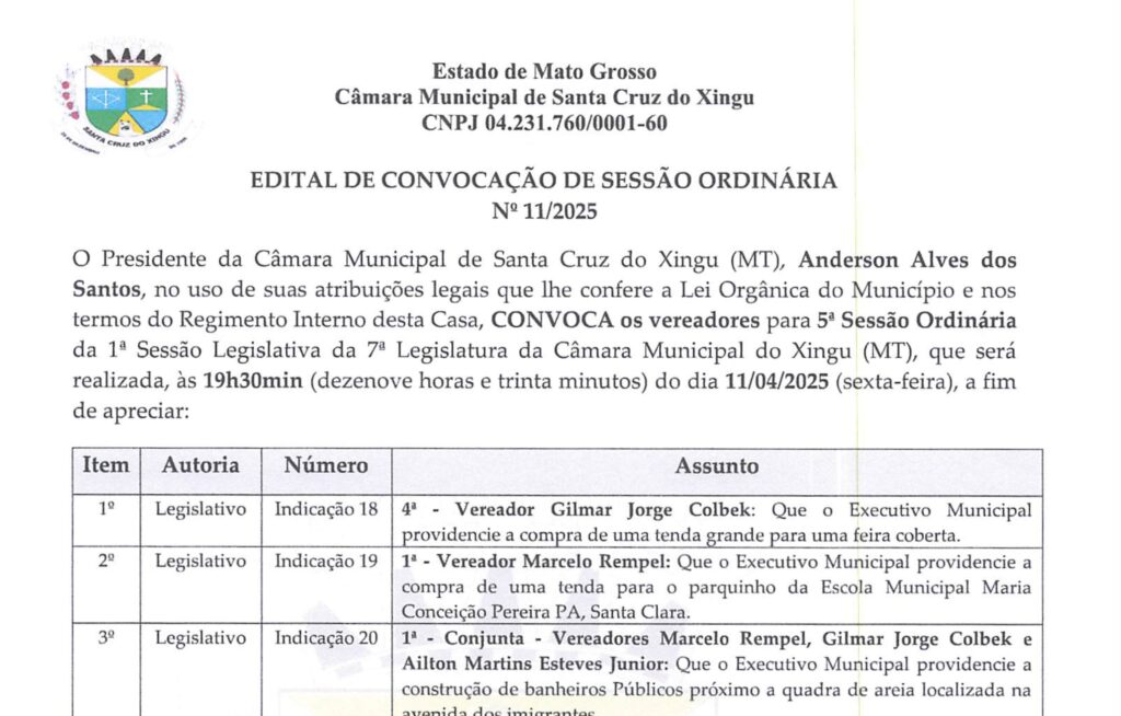 Edital de Convocação de Sessão Ordinária Nº 11/2025