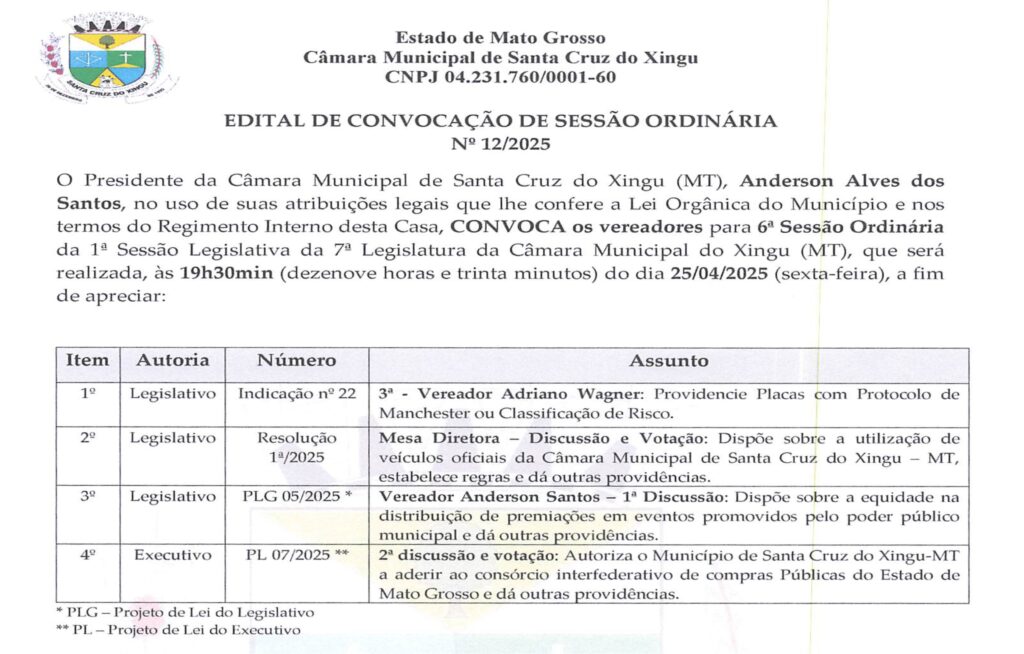 Edital de Convocação de Sessão Ordinária Nº 12/2025