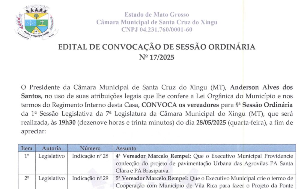Edital de Convocação de Sessão Ordinária Nº 17/2025