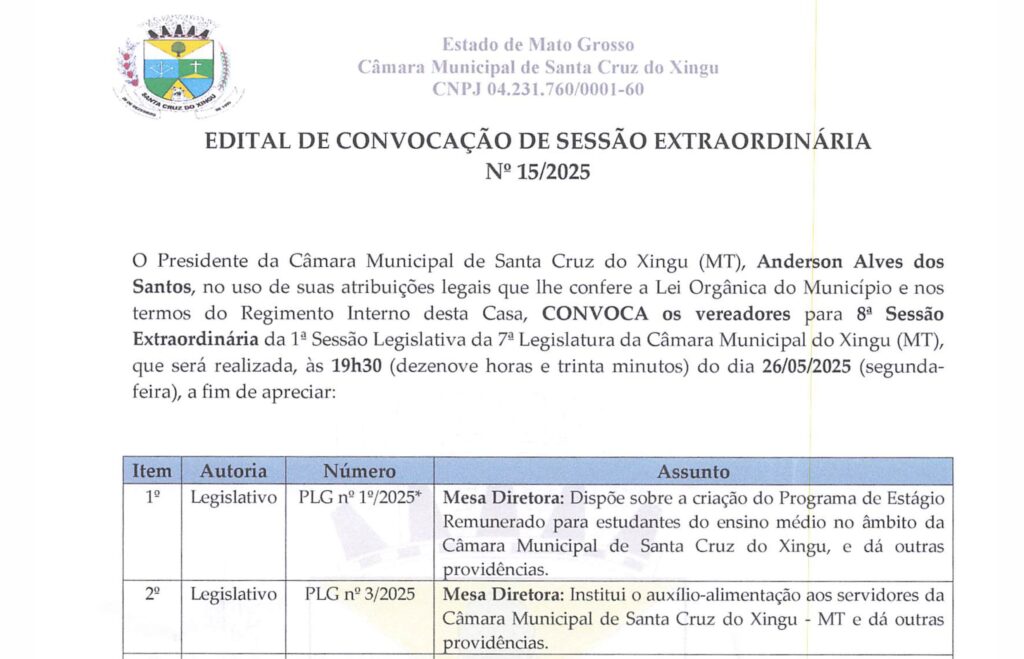 Edital de Convocação de Sessão Extraordinária Nº 15/2025