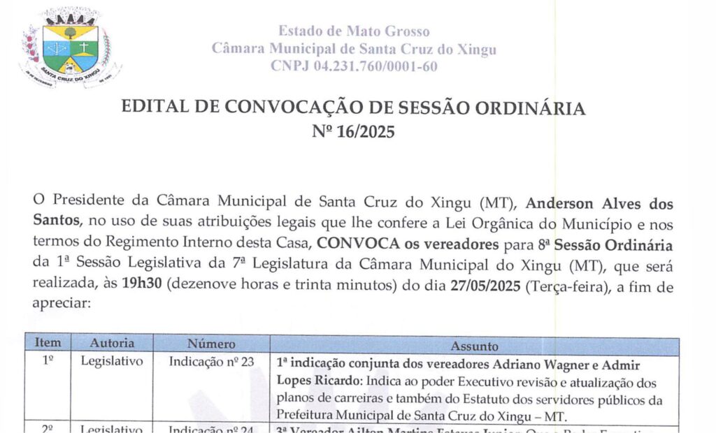 Edital de Convocação de Sessão Ordinária Nº 16/2025