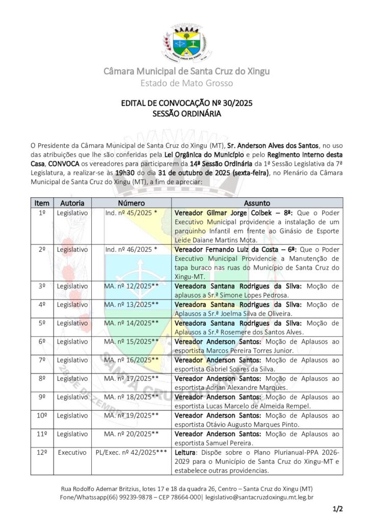 Edital de Convocação de Sessão Ordinária Nº 30/2025