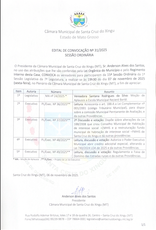 Edital de Convocação de Sessão Ordinária Nº 31/2025