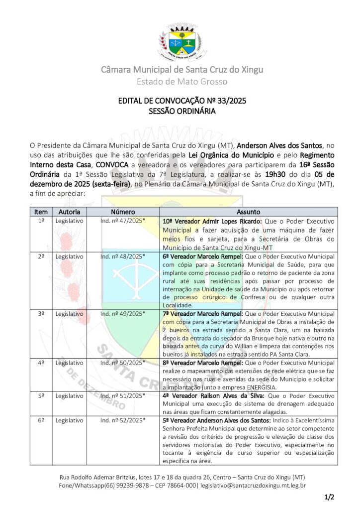 EDITAL DE CONVOCAÇÃO Nº 33/2025 SESSÃO ORDINÁRIA