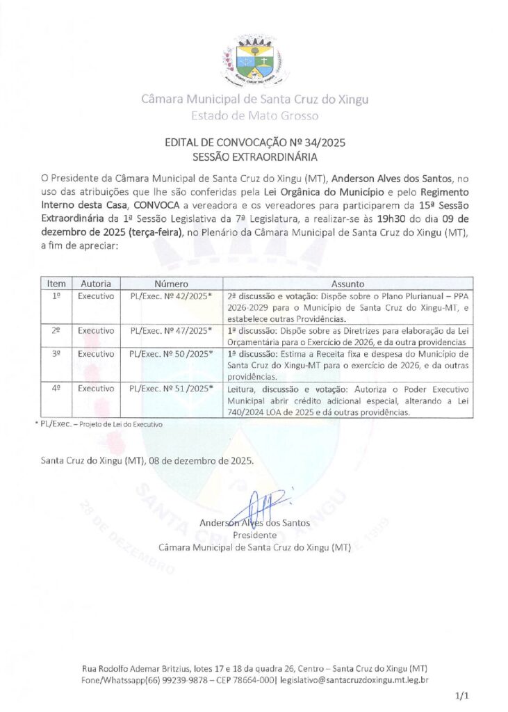 EDITAL DE CONVOCAÇÃO Nº 34/2025 SESSÃO EXTRAORDINÁRIA