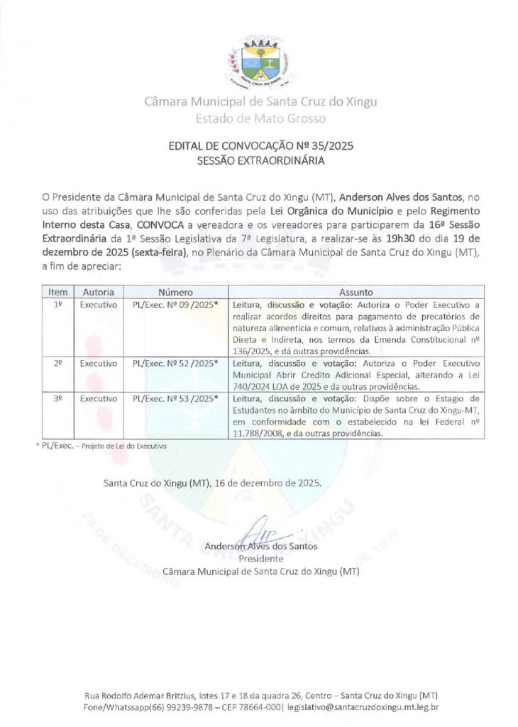 EDITAL DE CONVOCAÇÃO Nº 35/2025 SESSÃO EXTRAORDINÁRIA