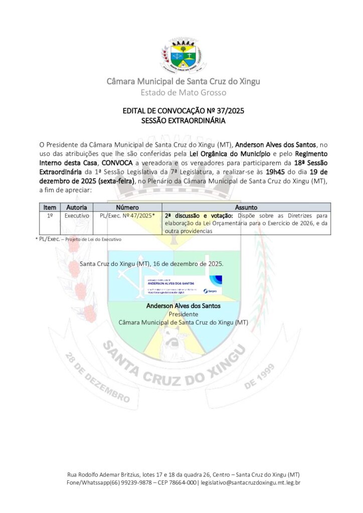 EDITAL DE CONVOCAÇÃO Nº 37/2025 SESSÃO EXTRAORDINÁRIA
