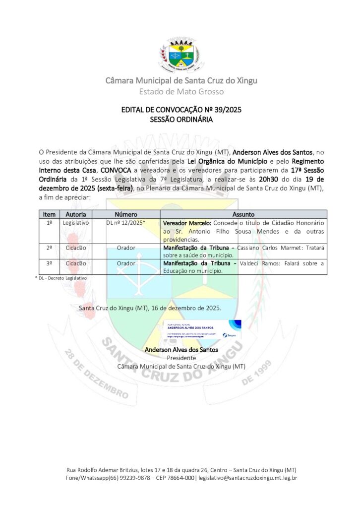 EDITAL DE CONVOCAÇÃO Nº 39/2025 SESSÃO ORDINÁRIA