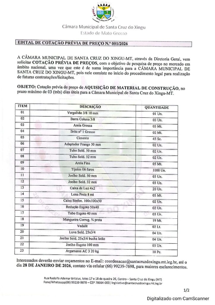 EDITAL DE COTAÇÃO PRÉVIA DE PREÇO N.º 001/26
