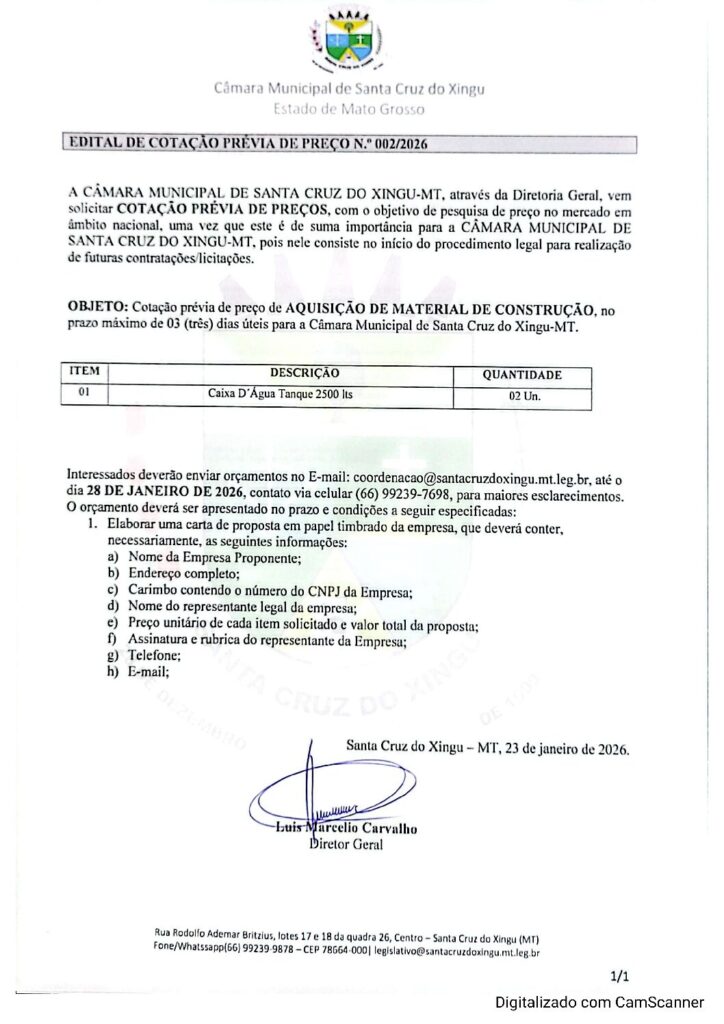 EDITAL DE COTAÇÃO PRÉVIA DE PREÇO N.º 002/26