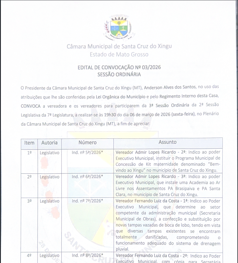 EDITAL DE CONVOCAÇÃO N.º 003/26 SESSÃO ORDINÁRIA
