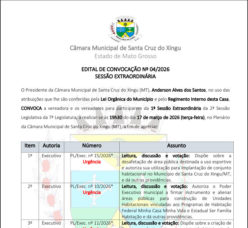 EDITAL DE CONVOCAÇÃO Nº 04/2026 SESSÃO EXTRAORDINÁRIA
