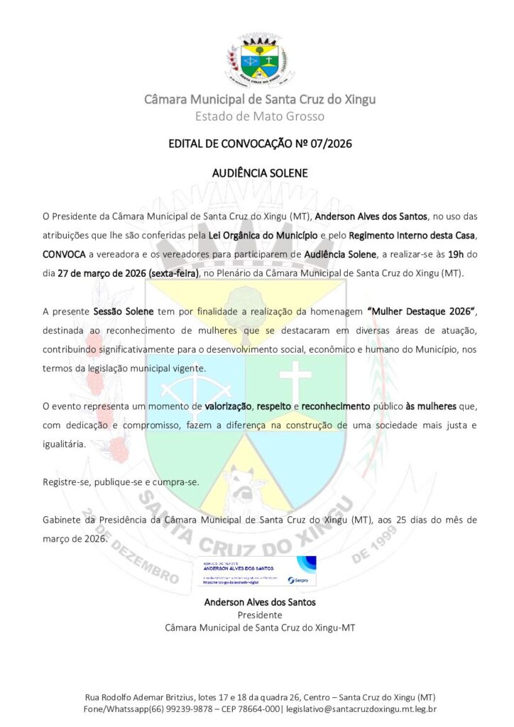 EDITAL DE CONVOCAÇÃO Nº 07/2026 AUDIÊNCIA SOLENE