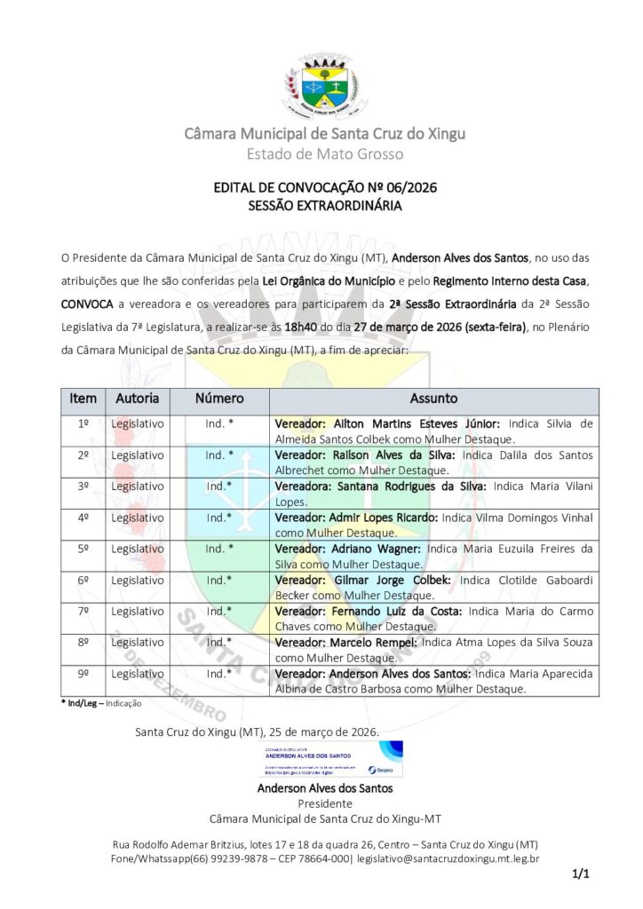 EDITAL DE CONVOCAÇÃO Nº 06/2026 SESSÃO EXTRAORDINÁRIA