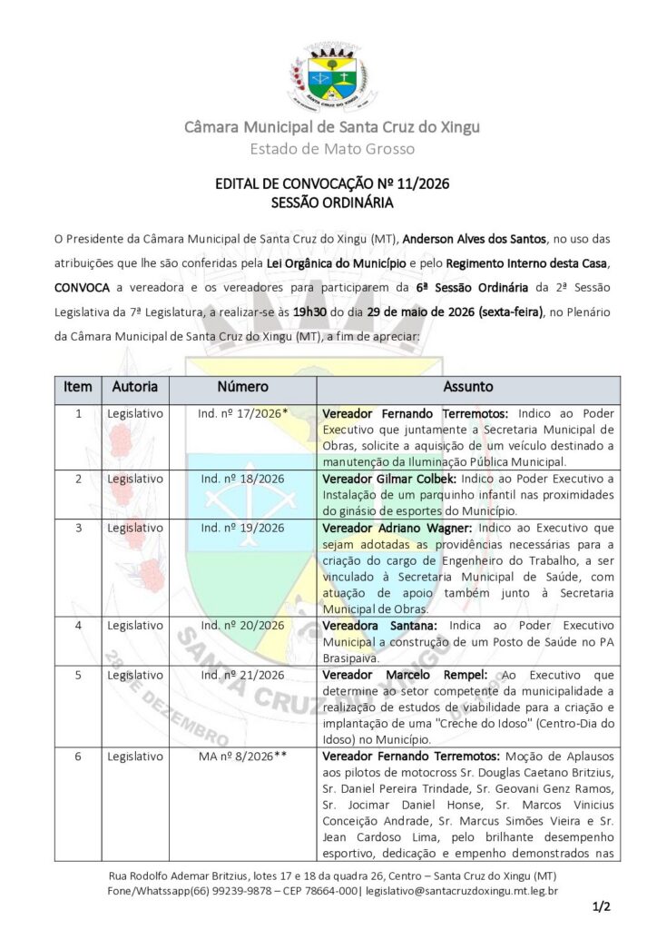 Edital de Convoca&ccedil;&atilde;o da 11&ordf; Sess&atilde;o Ordin&aacute;ria