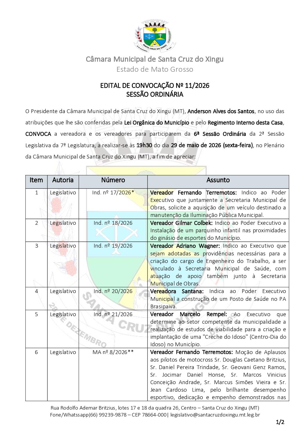 Edital de Convocação da 11ª Sessão Ordinária