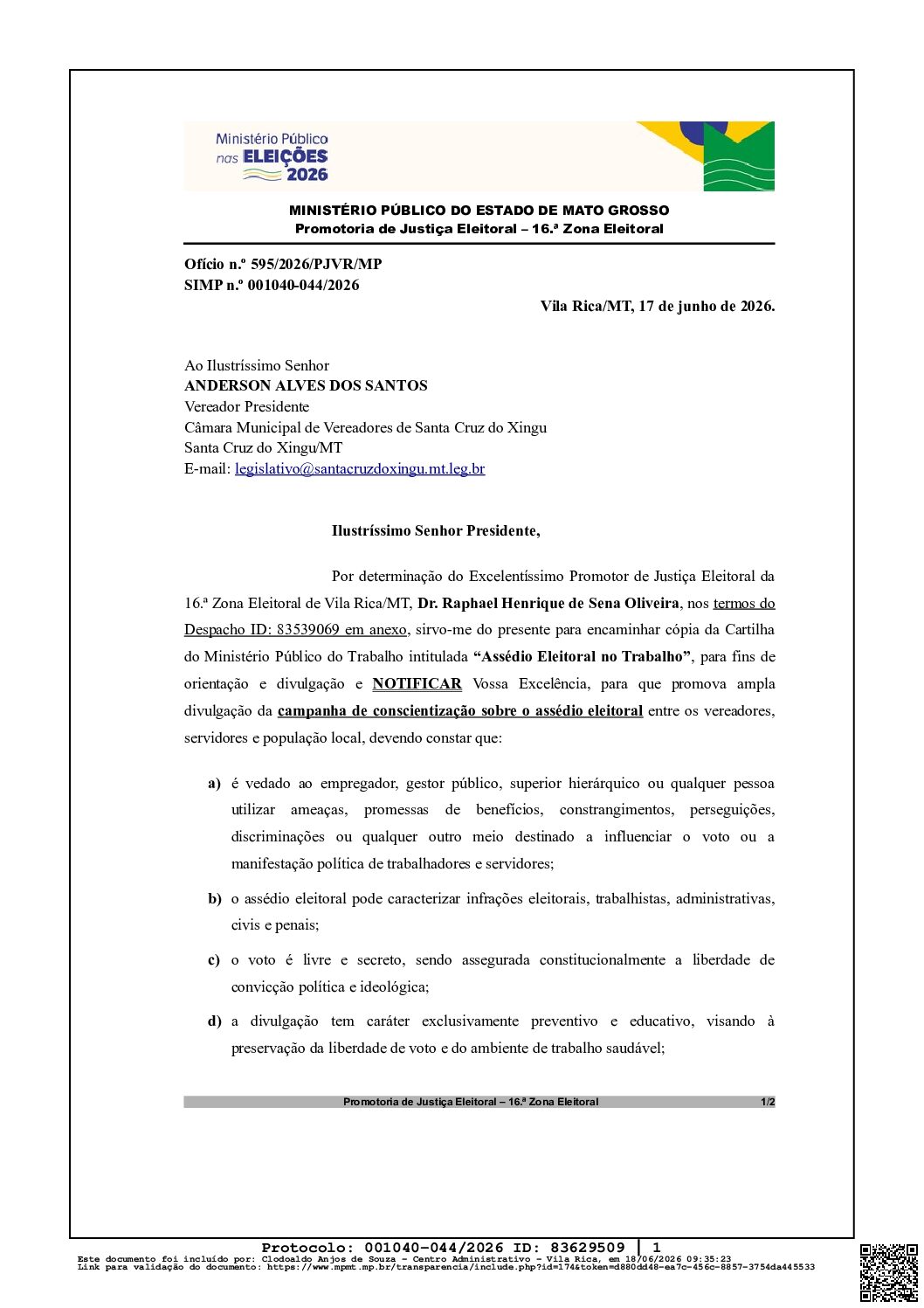 Recomendação da Promotoria Eleitoral