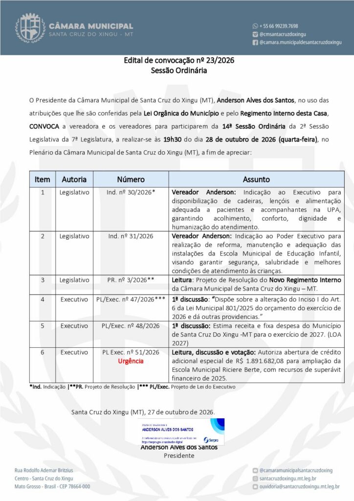 Edital de Convoca&ccedil;&atilde;o n&ordm; 23 da 14&ordf; Sess&atilde;o Ordin&aacute;ria
